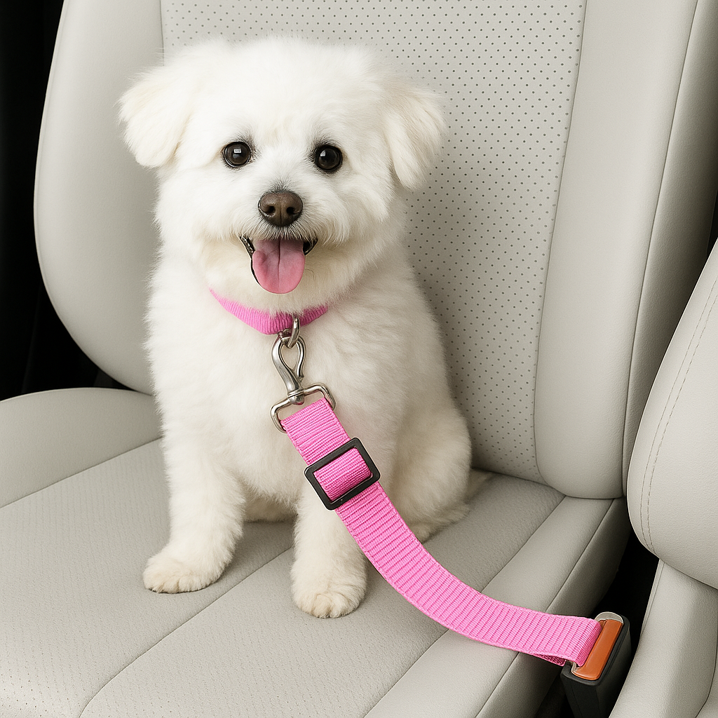 White dog with a pink car leash seat belt and collar sitting in a car.