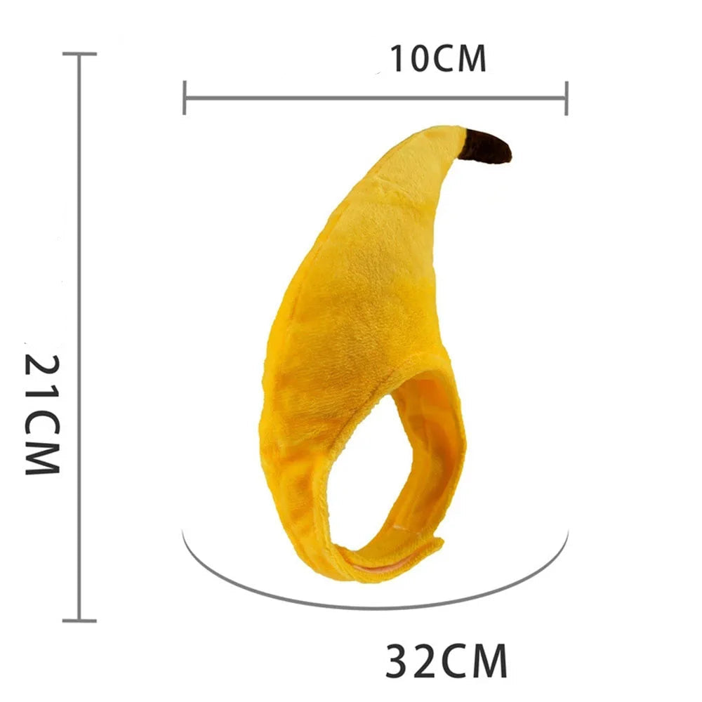 Yellow banana-shaped pet hat with measurements 