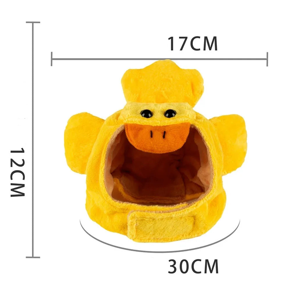 Yellow plush monkey-shaped pet hat with dimensions on a white background