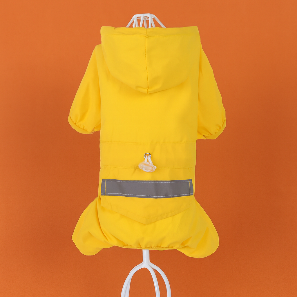 Yellow raincoat with reflective strip on a mannequin against an orange background