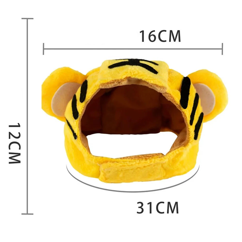 Yellow tiger-shaped pet hat with measurements on a white background
