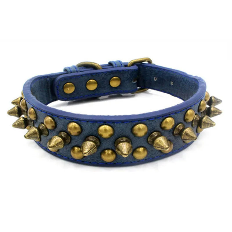blue Spiked Leather Dog Collar for All Breeds