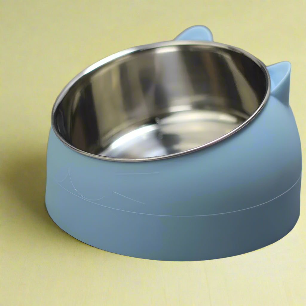 blue Tilted Pet Bowl Non-Slip Raised Cat Dog Feeder