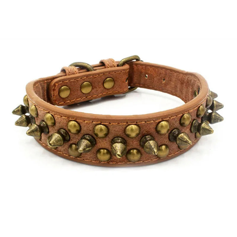 brown Spiked Leather Dog Collar for All Breeds