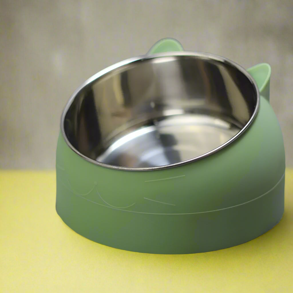 green Tilted Pet Bowl Non-Slip Raised Cat Dog Feeder