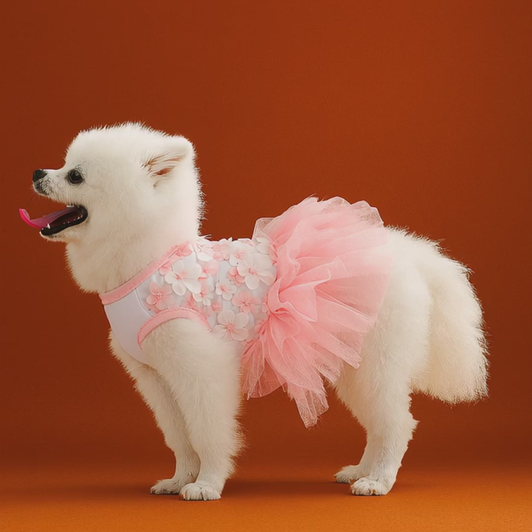 Pet dog wearing a pink tutu dress from furrywags pet supplies