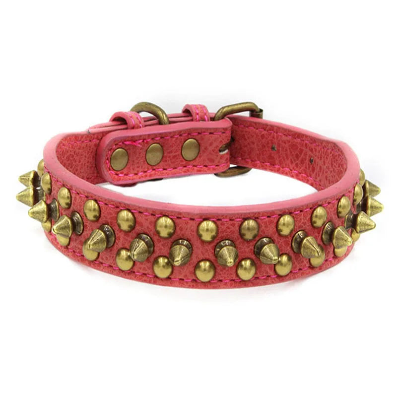 red Spiked Leather Dog Collar for All Breeds